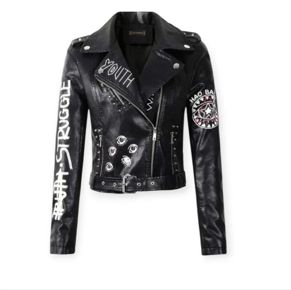 Womens Black Faux Leather Moto Jacket - Picture 1 of 3